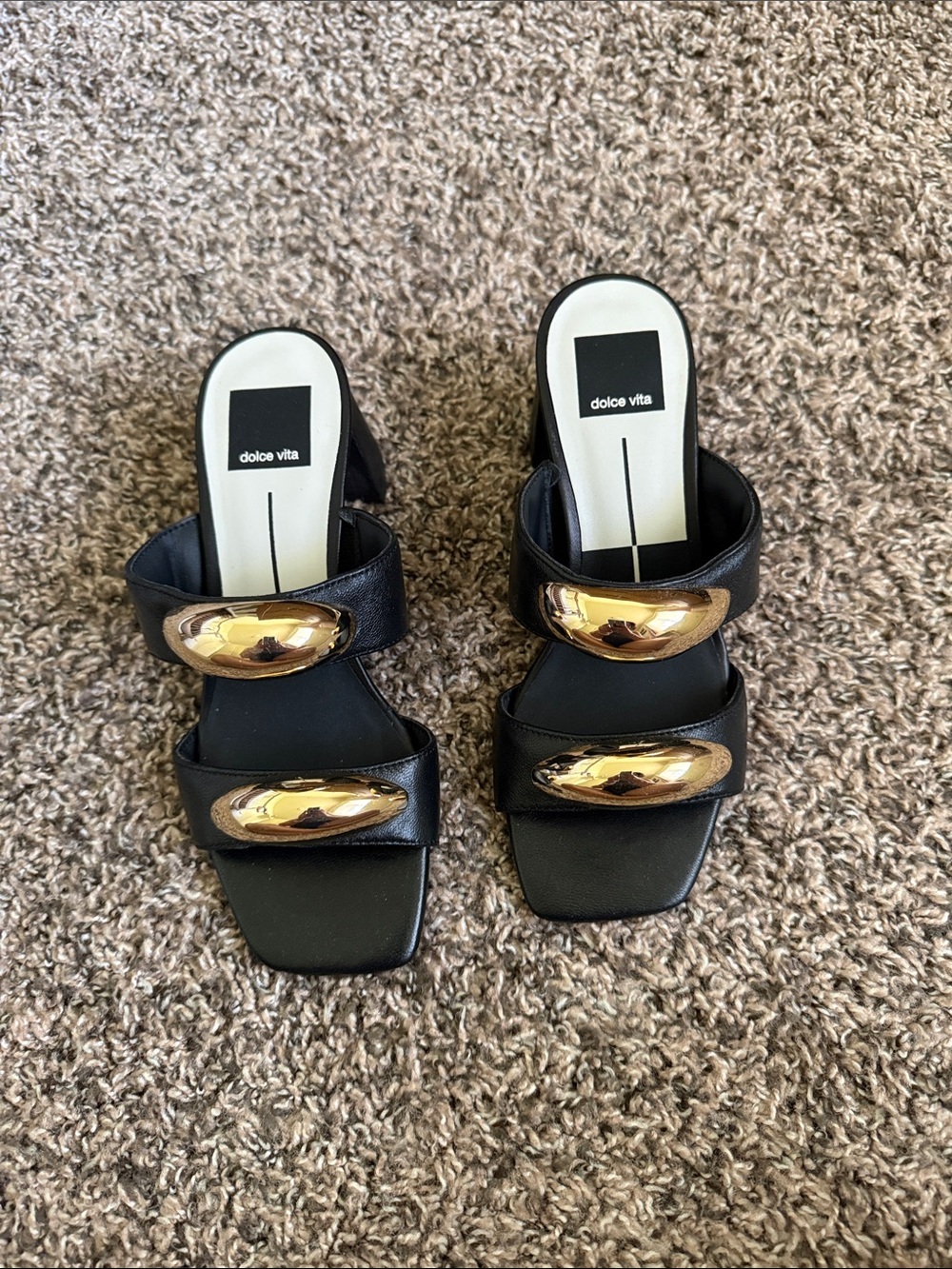 Dolce Vita Black Leather Slide Mules with Gold Orbs